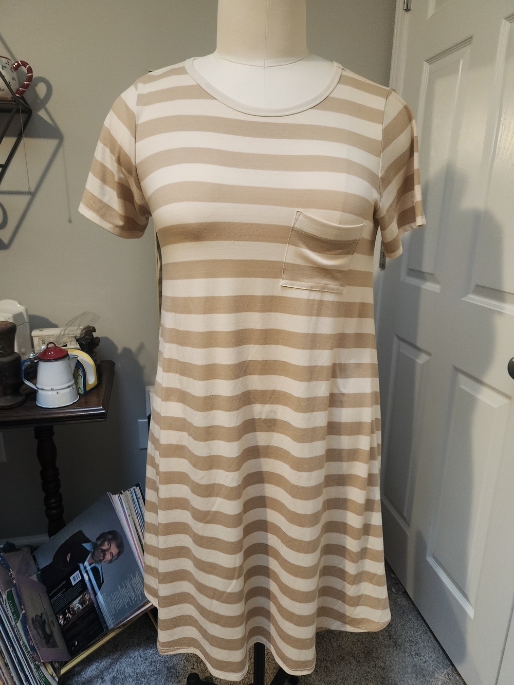 LuLaRoe Beige and White Striped Short-Sleeve Pocket Dress